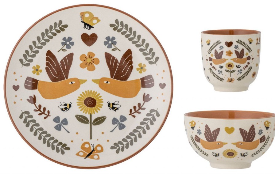 Kinderwelt Bloomingville Mini Glaser& Becher & Geschirr | Bloomingville Mini Kindergeschirrset 3 Tlg. Mit Retroblumen / Vogeln / Teller, Becher Und Schale