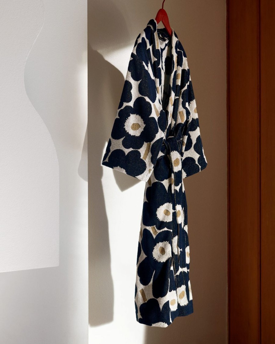 Fashion Marimekko Bademantel & Nachtwasche | Marimekko Damen Bademantel Dunkelblau, Gold, Cremeweis (Oko-Tex) Unikko