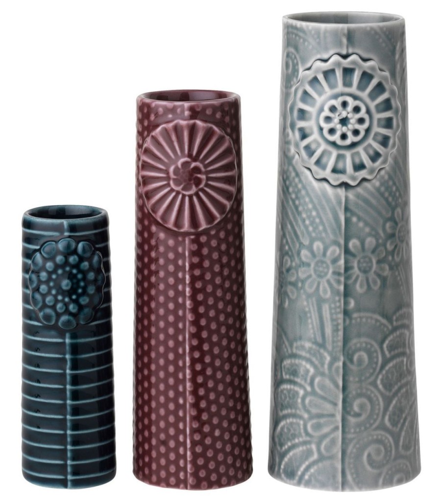 Geschenke Dottir Nordic Design | Dottir Nordic Design Pipanella Flock Blaubeerkuchen Vase 3Er Set Petrol, Aubergine, Graugrun