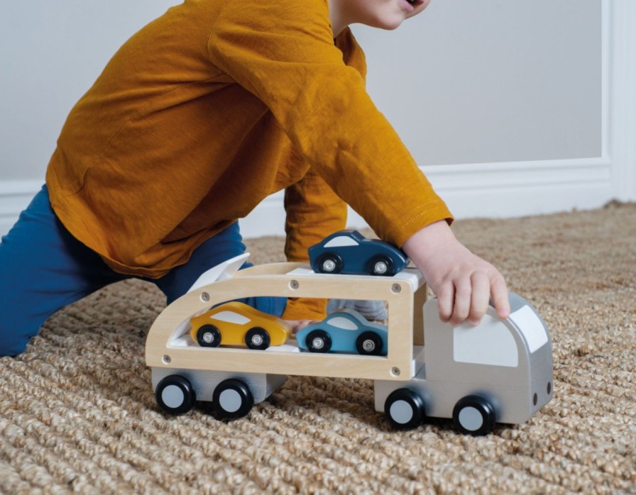 Kinderwelt Jabadabado Holz & Lernspielzeug | Jabadabado Holzspielzeug Autotransporter Mit 3 Autos Weis, Mehrfarbig Holz 32X8X12 Cm