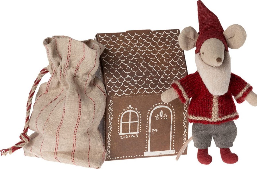 Kinderwelt Maileg | Maileg Maus Weihnachtsmann Groser Bruder Hohe 14 Cm Mit Lebkuchenhaus & Geschenksack Mehrfarbig