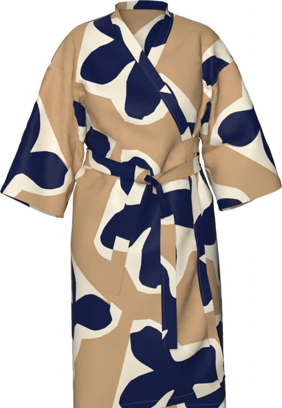 Fashion Marimekko Bademantel & Nachtwasche | Marimekko Damen Bademantel Cremeweis, Dunkelblau, Beige Kevatkiuru (Fruhlingslerche)