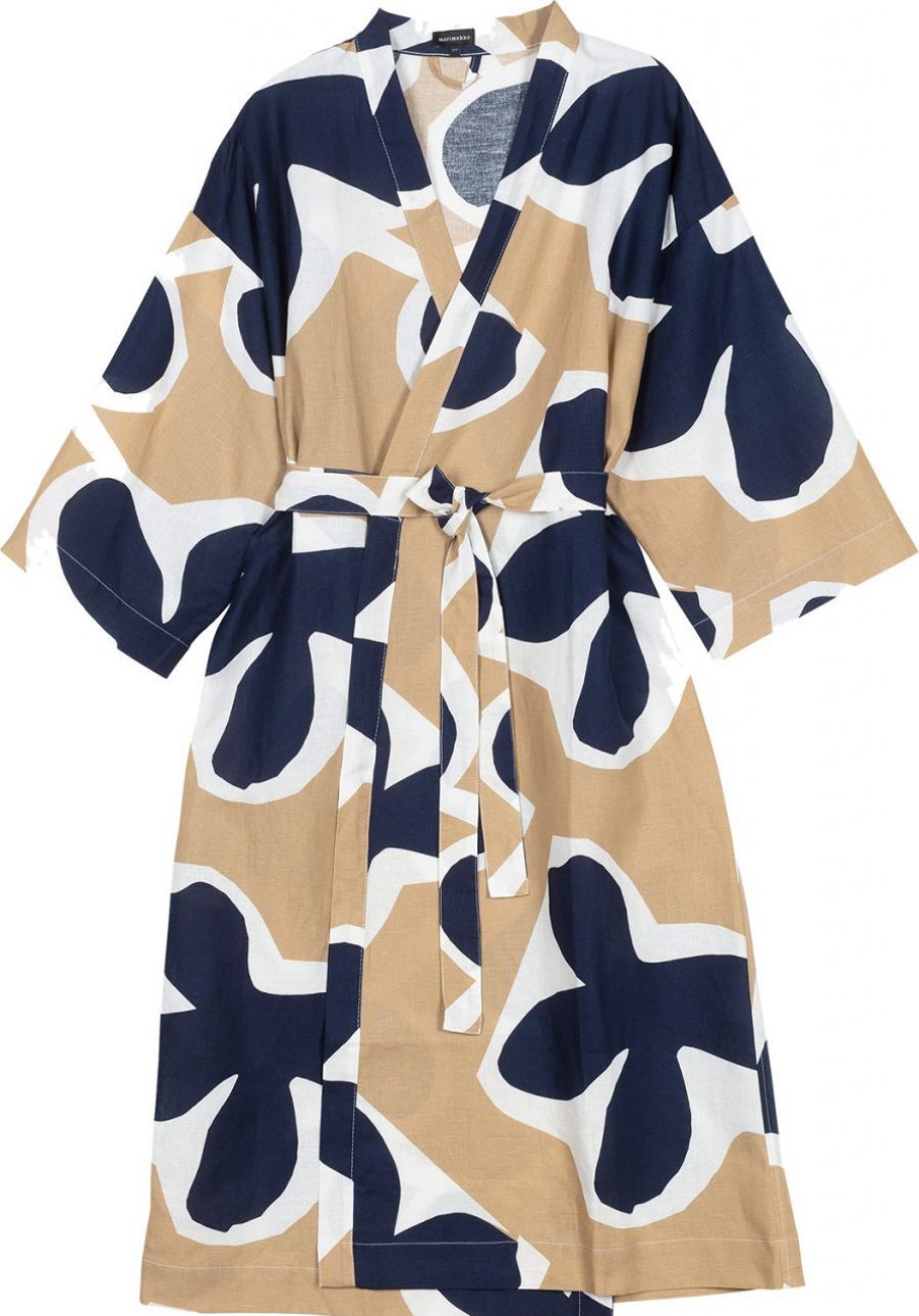 Fashion Marimekko Bademantel & Nachtwasche | Marimekko Damen Bademantel Cremeweis, Dunkelblau, Beige Kevatkiuru (Fruhlingslerche)