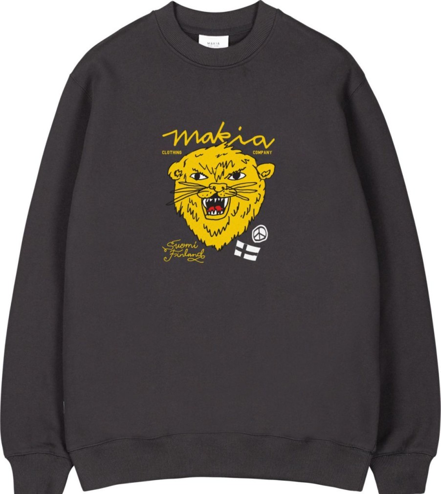 Fashion Makia Clothing Pullover& Sweatshirts & Strickjacken | Makia Clothing Herren Sweatshirt Rundhals Schwarz Lion Print Mit Finnland Flagge