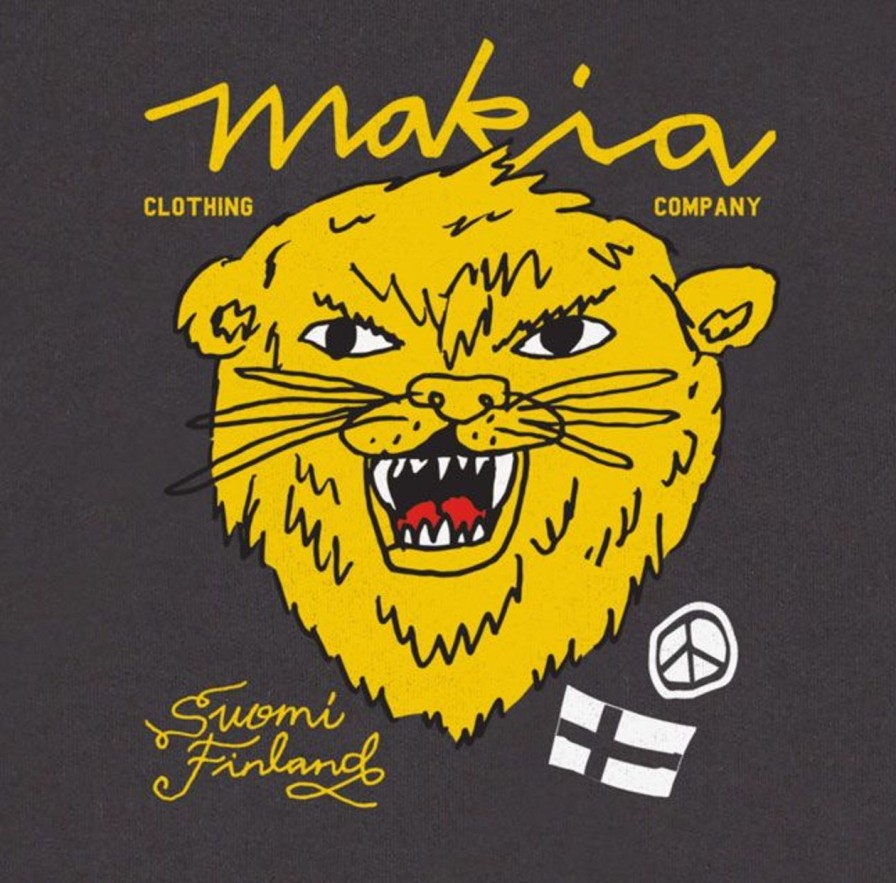 Fashion Makia Clothing Pullover& Sweatshirts & Strickjacken | Makia Clothing Herren Sweatshirt Rundhals Schwarz Lion Print Mit Finnland Flagge